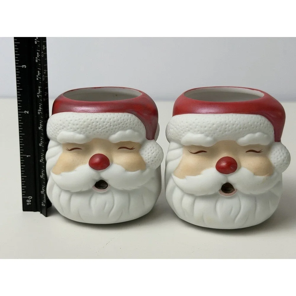 Hallmark Ceramic Santa Claus Head Votive Candle Holder MCM Pair Of VTG 1970s